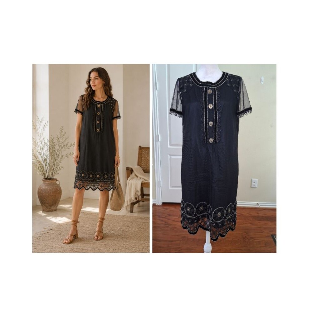 Anna Sui Dress A-Line Black Gold 6 Beaded Lace  Cocktail Dress Whimsigoth